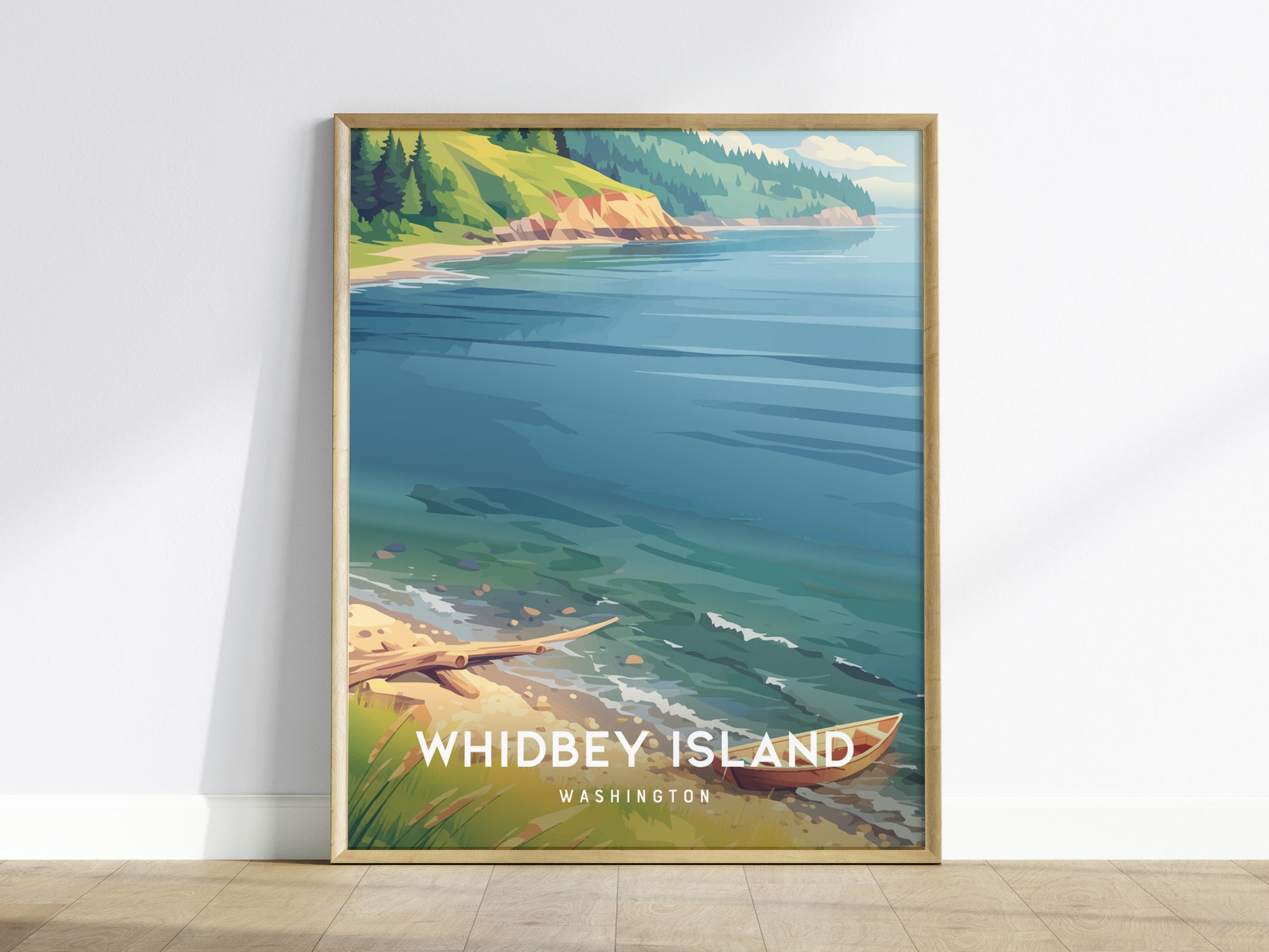 Whidbey Island, Washington Poster | Evergreen Shores & Sailboat Wall Art — framed wall art
