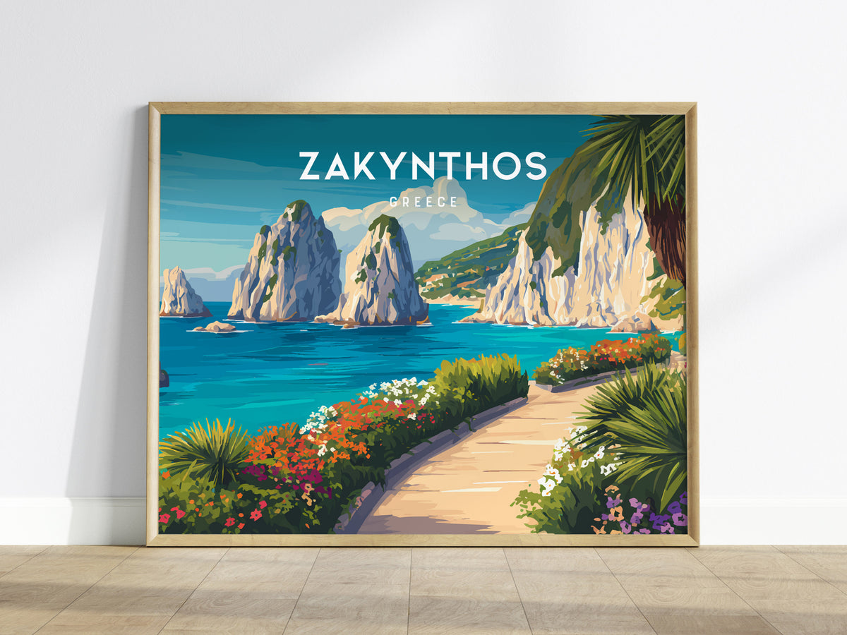 Zakynthos, Greece Landscape Poster | Navagio Beach Travel Gift Wall Art — framed wall art