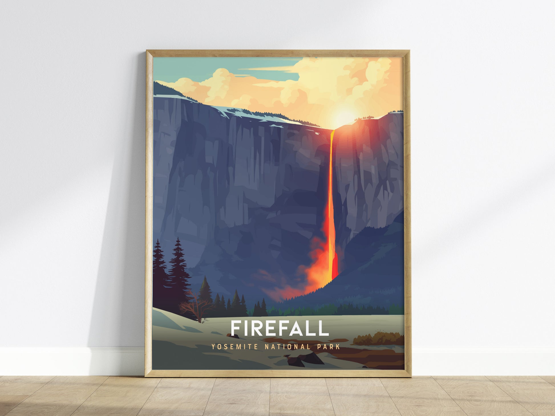 Framed poster of Yosemite National Park's Firefall with a mountain and sunset scene.