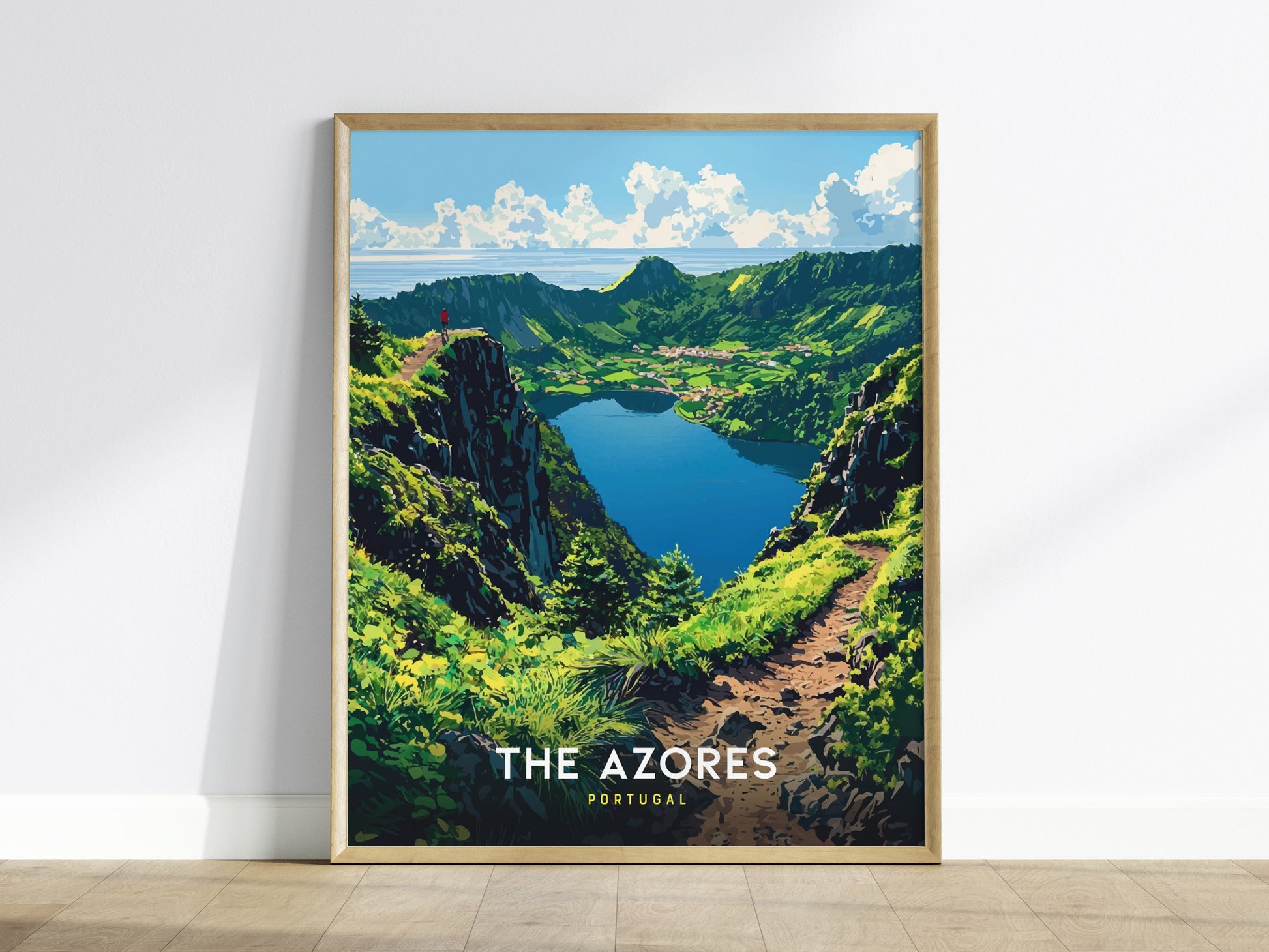 Framed poster of The Azores landscape with a lake and mountains.