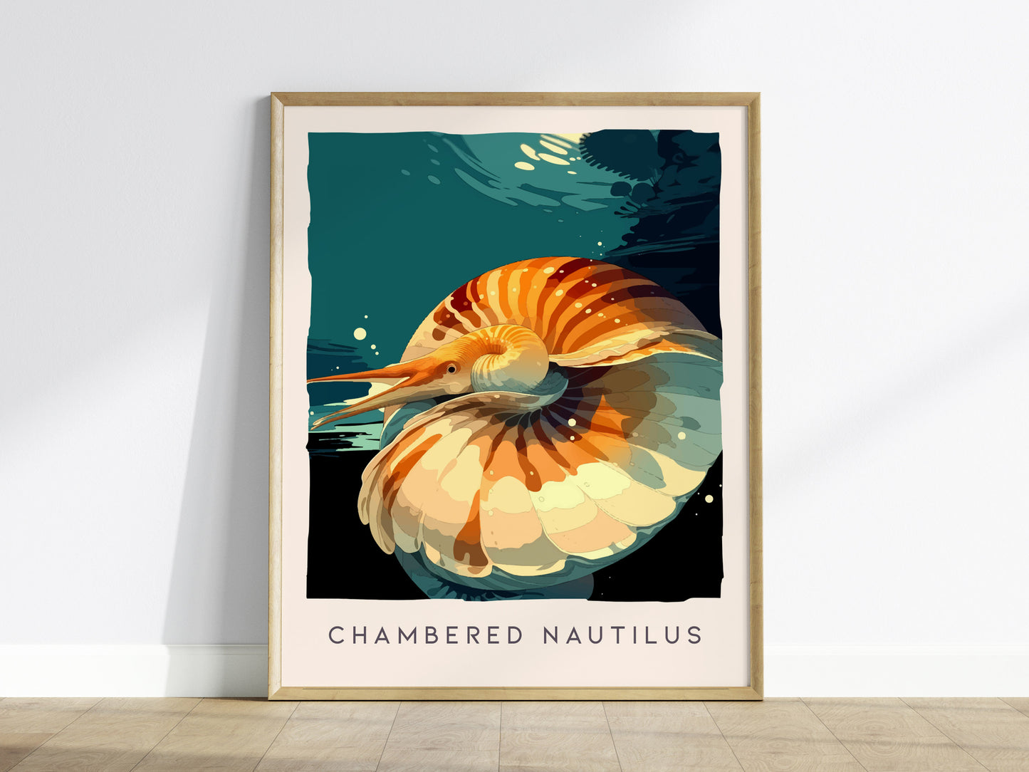 Chambered Nautilus Poster | Golden Spiral Shell Wildlife Wall Art — framed wall art