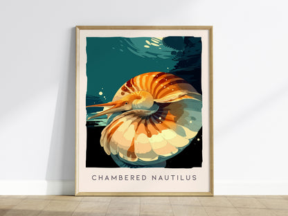 Chambered Nautilus Poster | Golden Spiral Shell Wildlife Wall Art — framed wall art