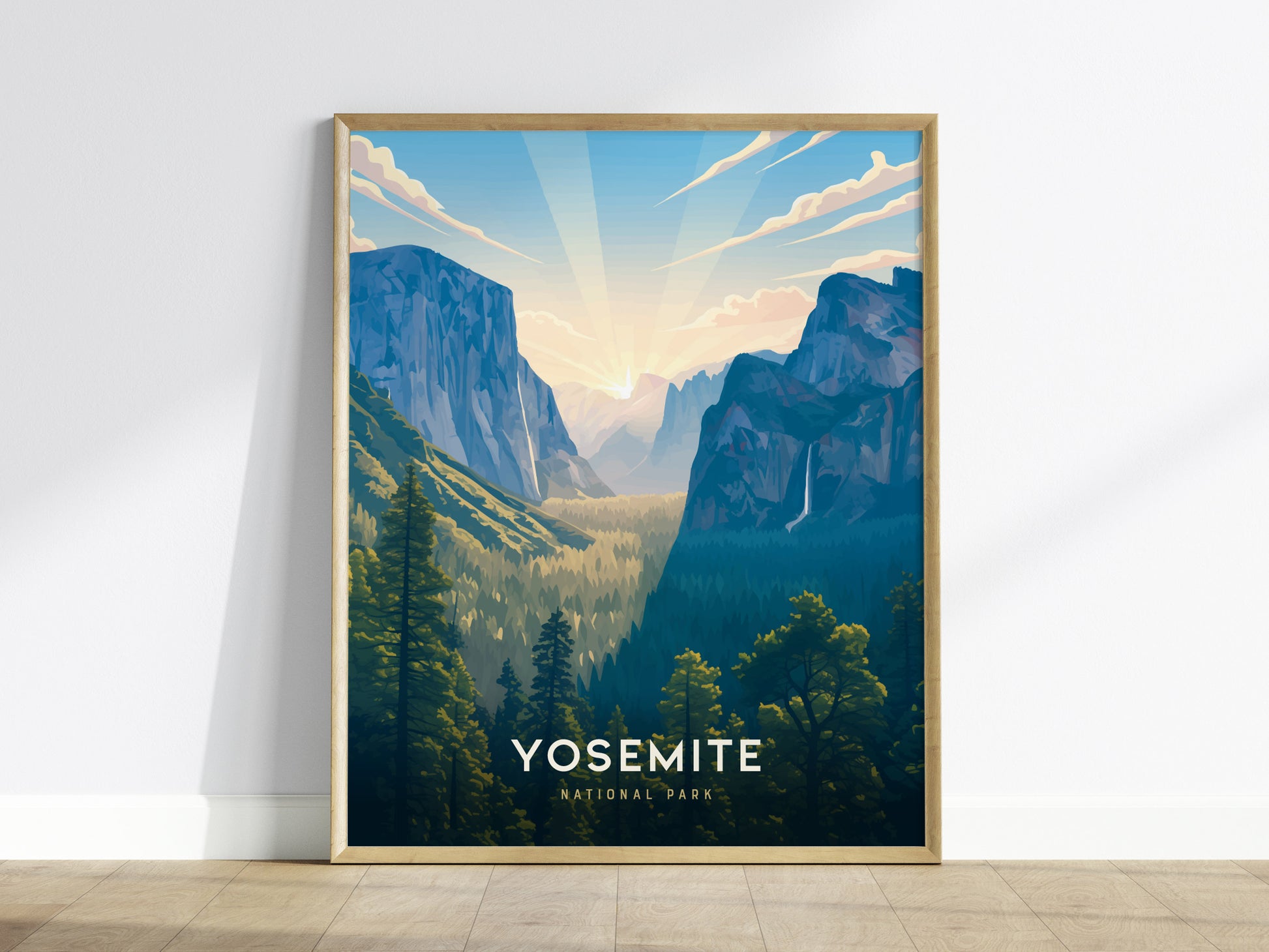 Framed Yosemite National Park poster on a white wall