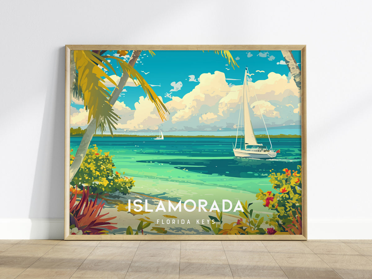 Islamorada, Florida Keys Poster | Landscape Coastal Decor Tiki & Palms Wall Art — framed wall art