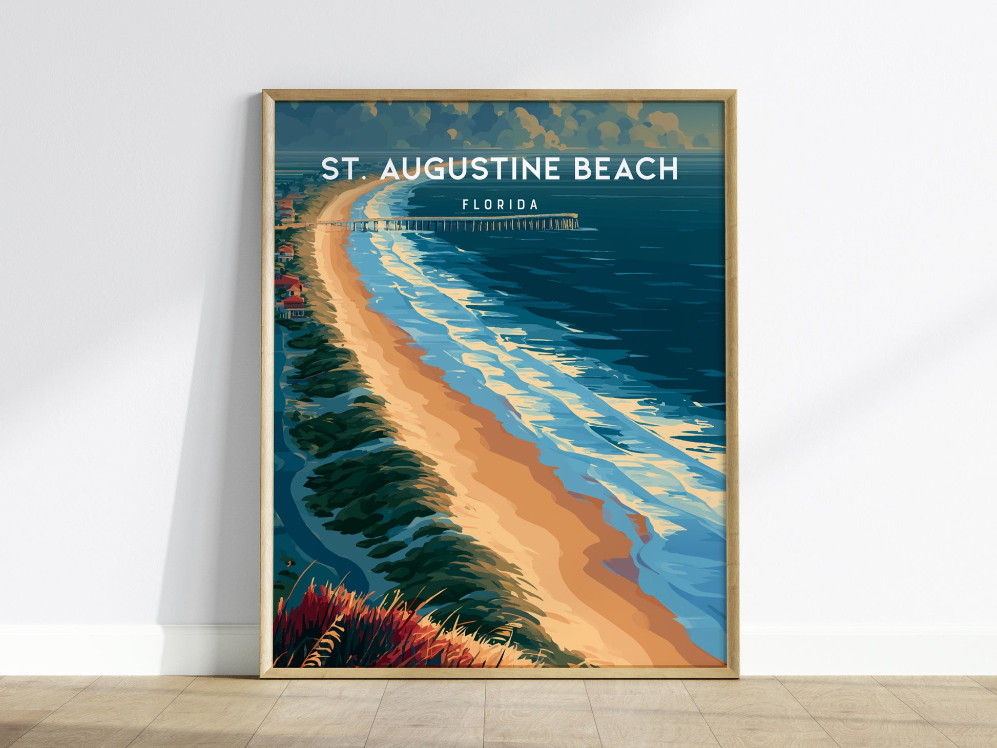 St. Augustine Beach, Florida Poster | Sun-Kissed Shores & Pier Wall Art — framed wall art