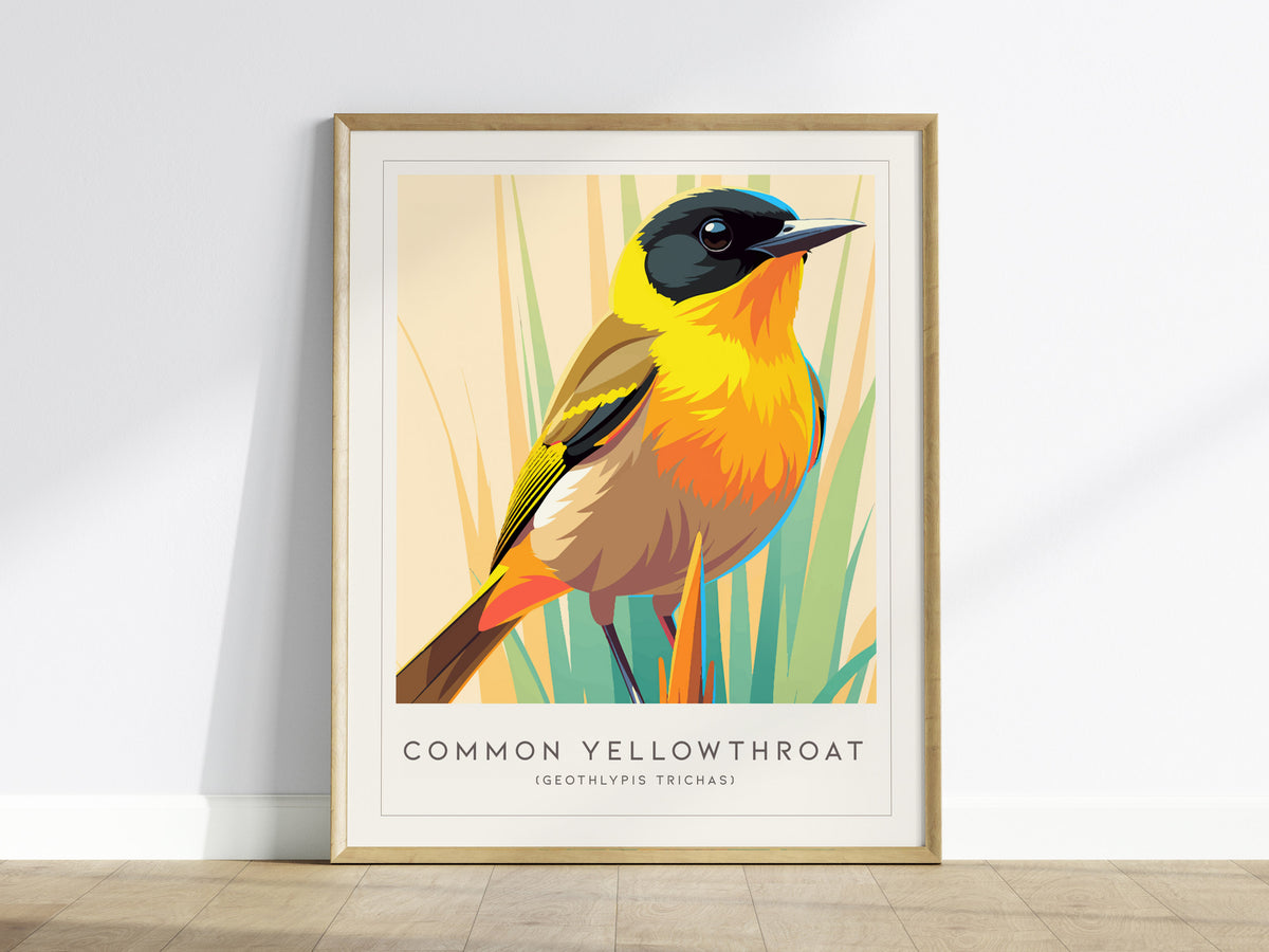 Common Yellowthroat, Geothlypis trichas Poster | Vibrant Warbler Nature Poster Wall Art — framed wall art