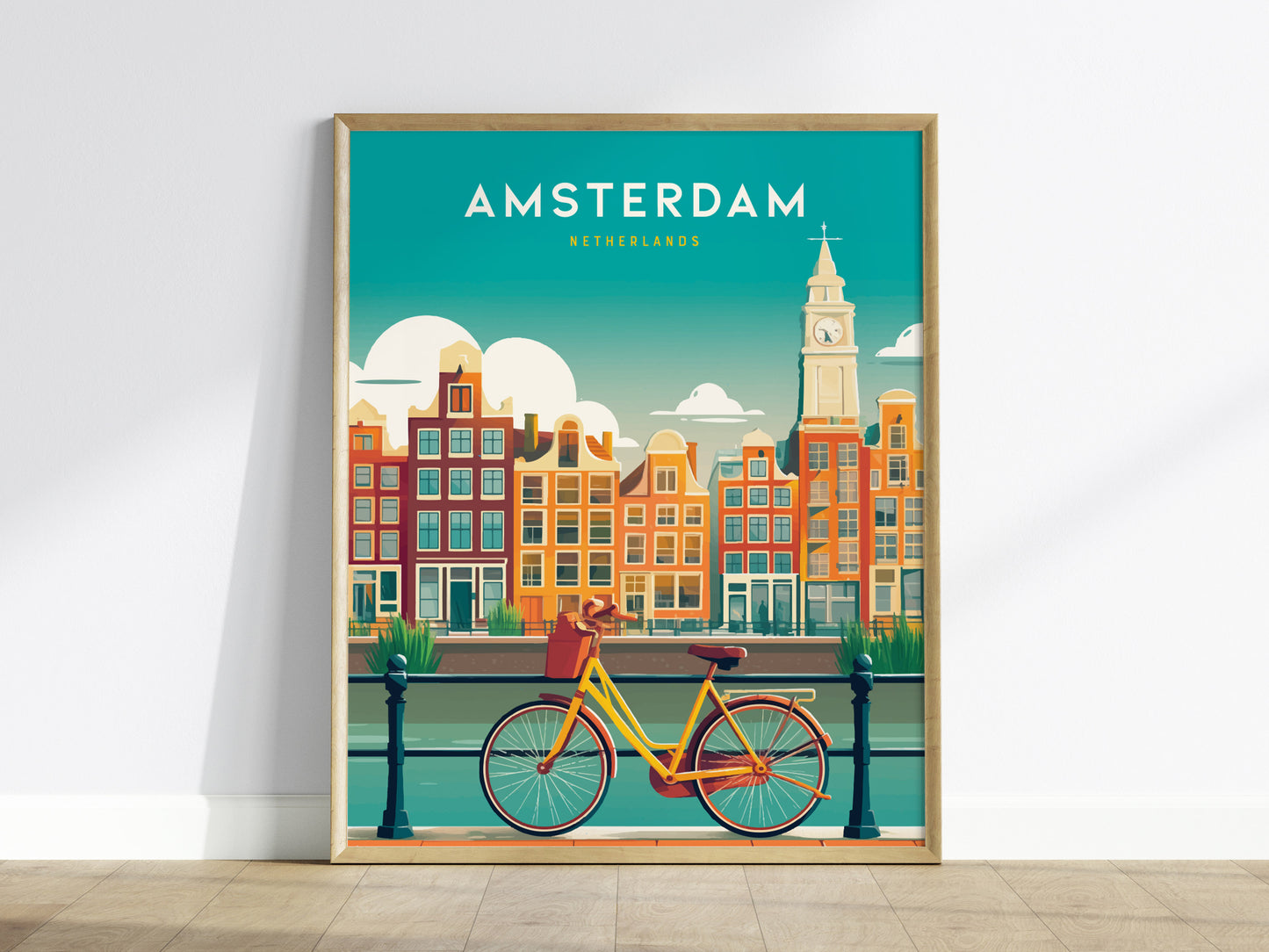 Stylized Amsterdam travel art print featuring iconic canal houses, a vibrant yellow and red bicycle, and a colorful sky.