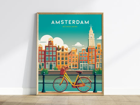 Stylized Amsterdam travel art print featuring iconic canal houses, a vibrant yellow and red bicycle, and a colorful sky.