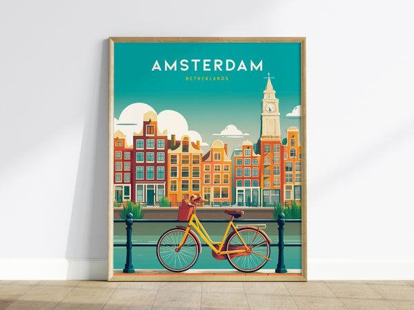 Stylized Amsterdam travel art print featuring iconic canal houses, a vibrant yellow and red bicycle, and a colorful sky.