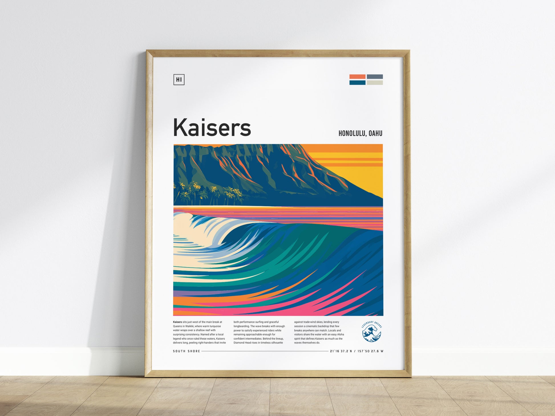 Kaisers, Hawaii Poster | Golden Surf & Diamond Head Wall Art — framed wall art