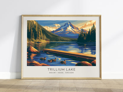 Trillium Lake Landscape Matte Border Poster | Mount Hood, Oregon Travel Gift Print — framed wall art