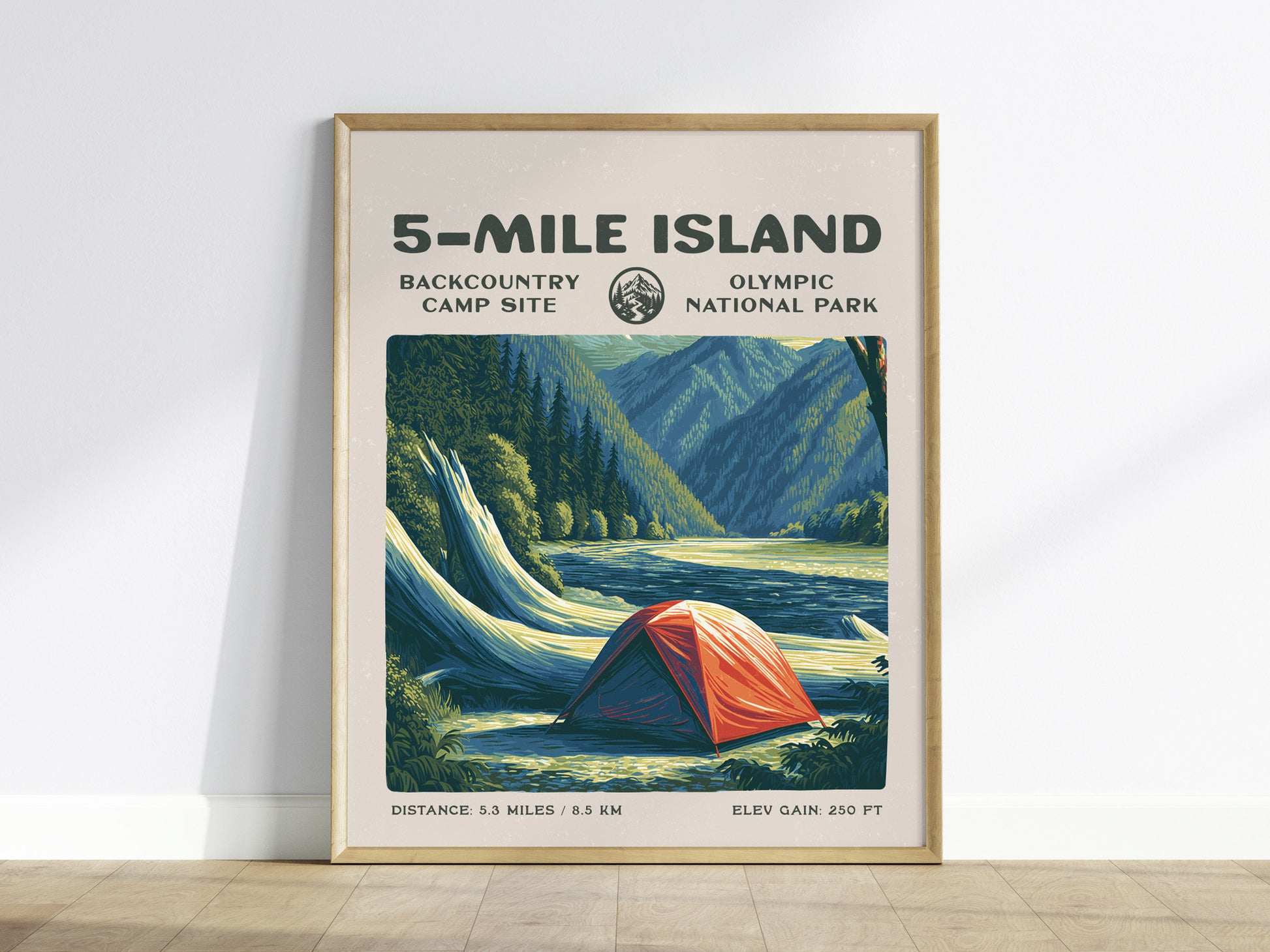5-Mile Island, Olympic National Park Poster | Hiker Gift | Rainforest River Backcountry Wall Art — framed wall art