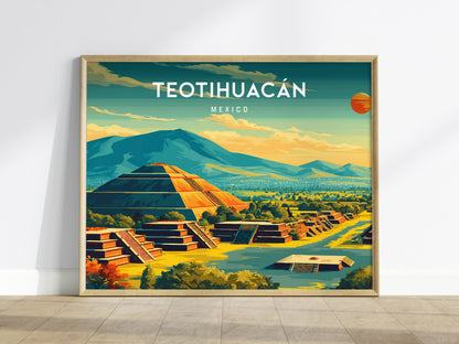 Teotihuacán, Mexico Landscape Poster | Sun & Moon Pyramids Vacation Wall Art — framed wall art
