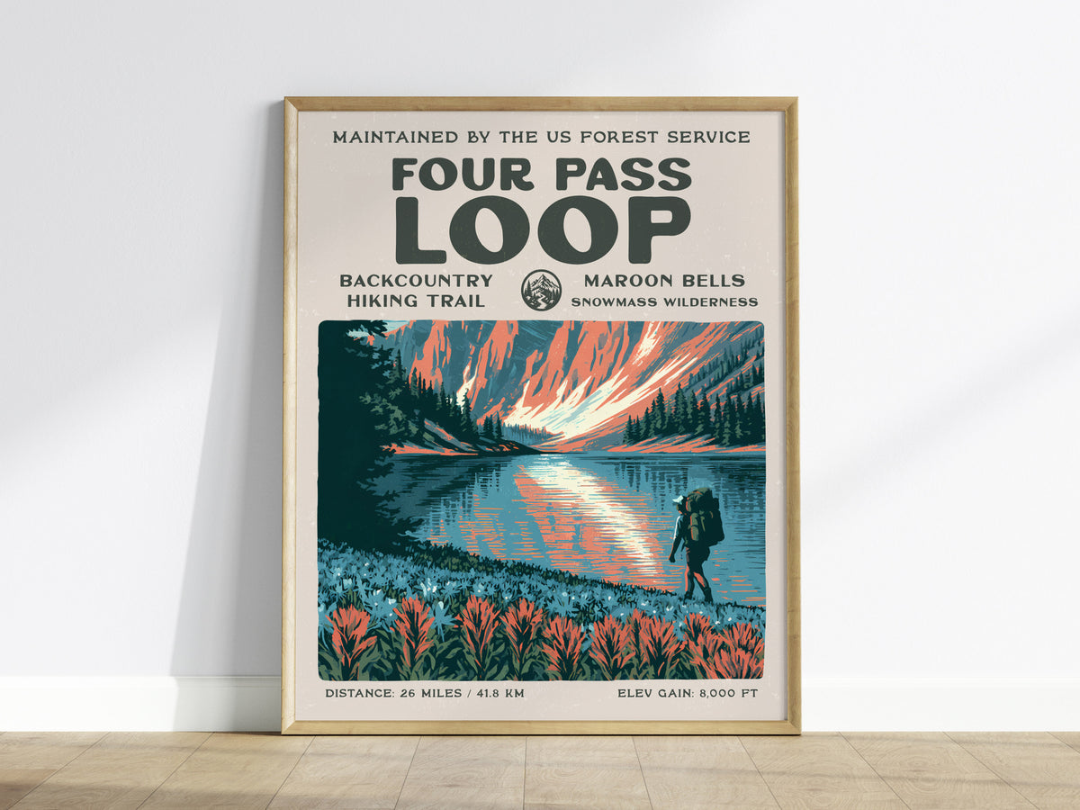 Four Pass Loop, Maroon Bells-Snowmass Wilderness Poster | Hiker Gift | Backcountry Trail Wall Art — framed wall art