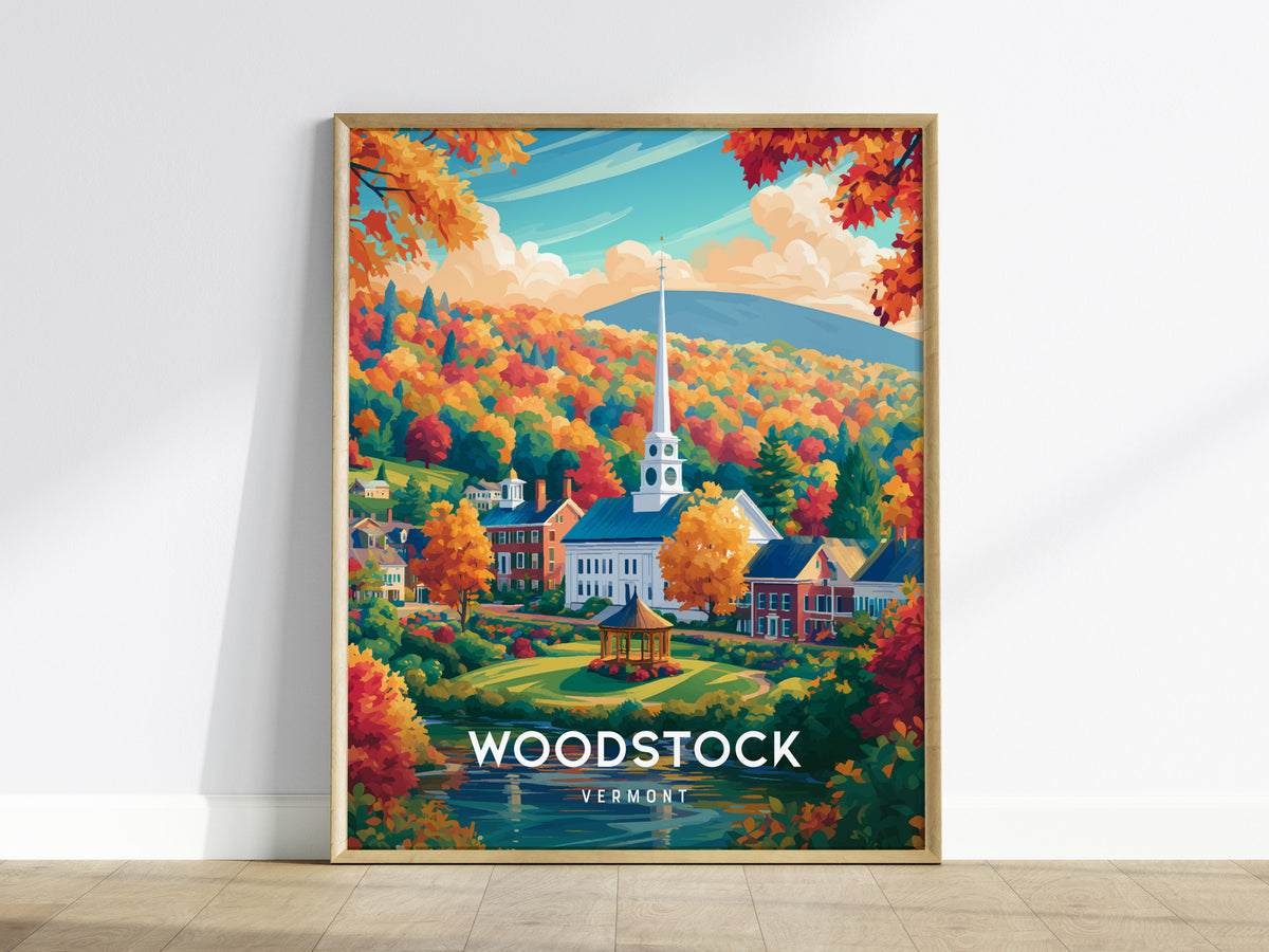 Woodstock, Vermont Poster | New England Covered Bridge Vacation Wall Art — framed wall art