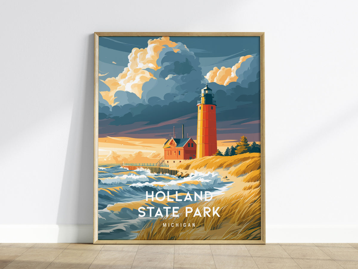 Holland State Park, Michigan Poster | Big Red Lighthouse Coastal Beach Decor Wall Art — framed wall art