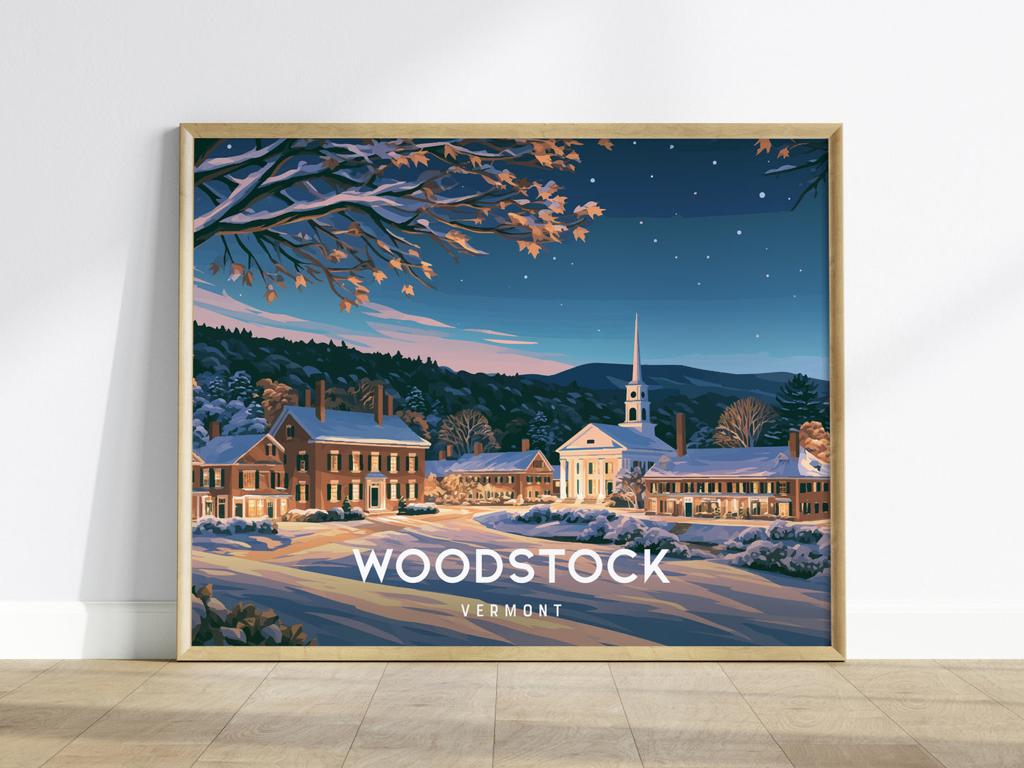 Woodstock, Vermont Landscape Poster | Charming Covered Bridge Travel Wall Art — framed wall art