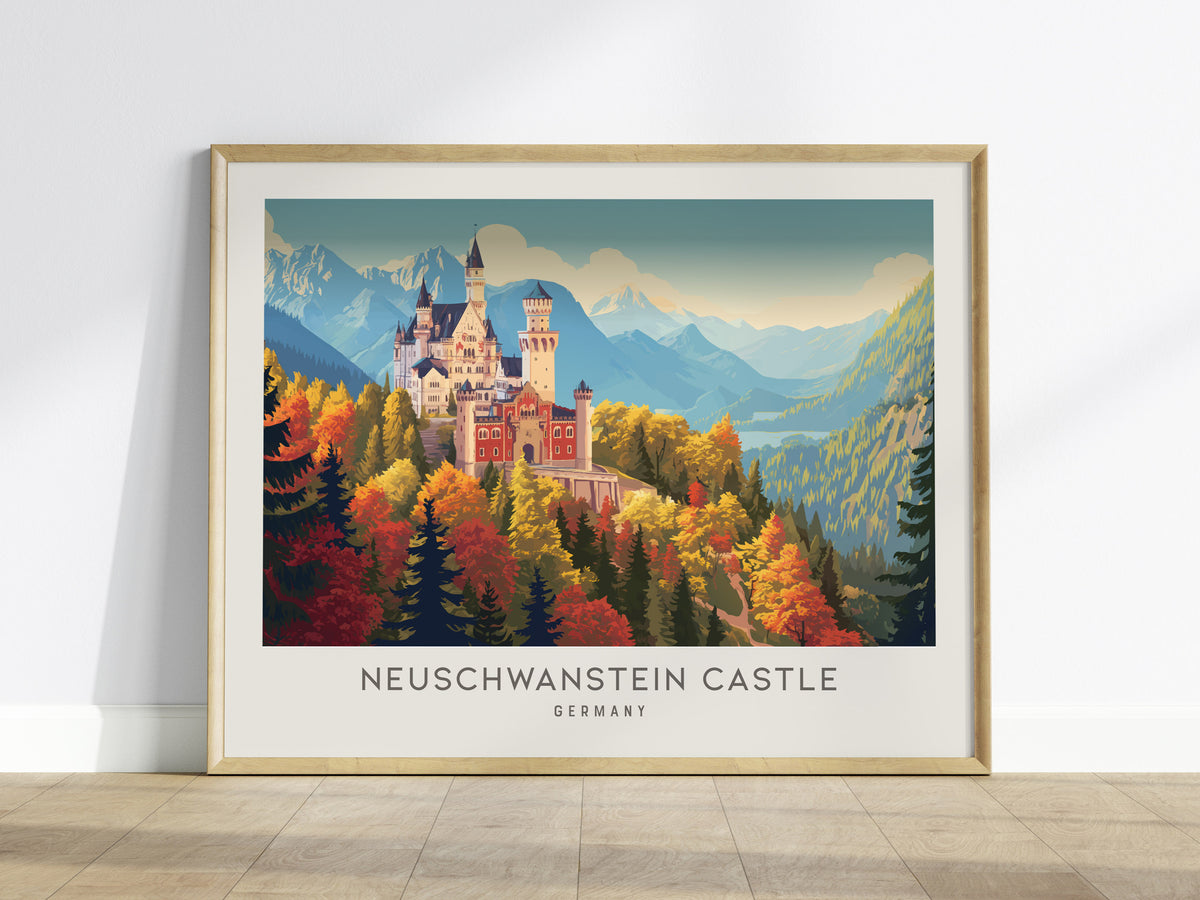 Neuschwanstein Castle Landscape Matte Border Poster | Germany Vacation Wall Art — framed wall art