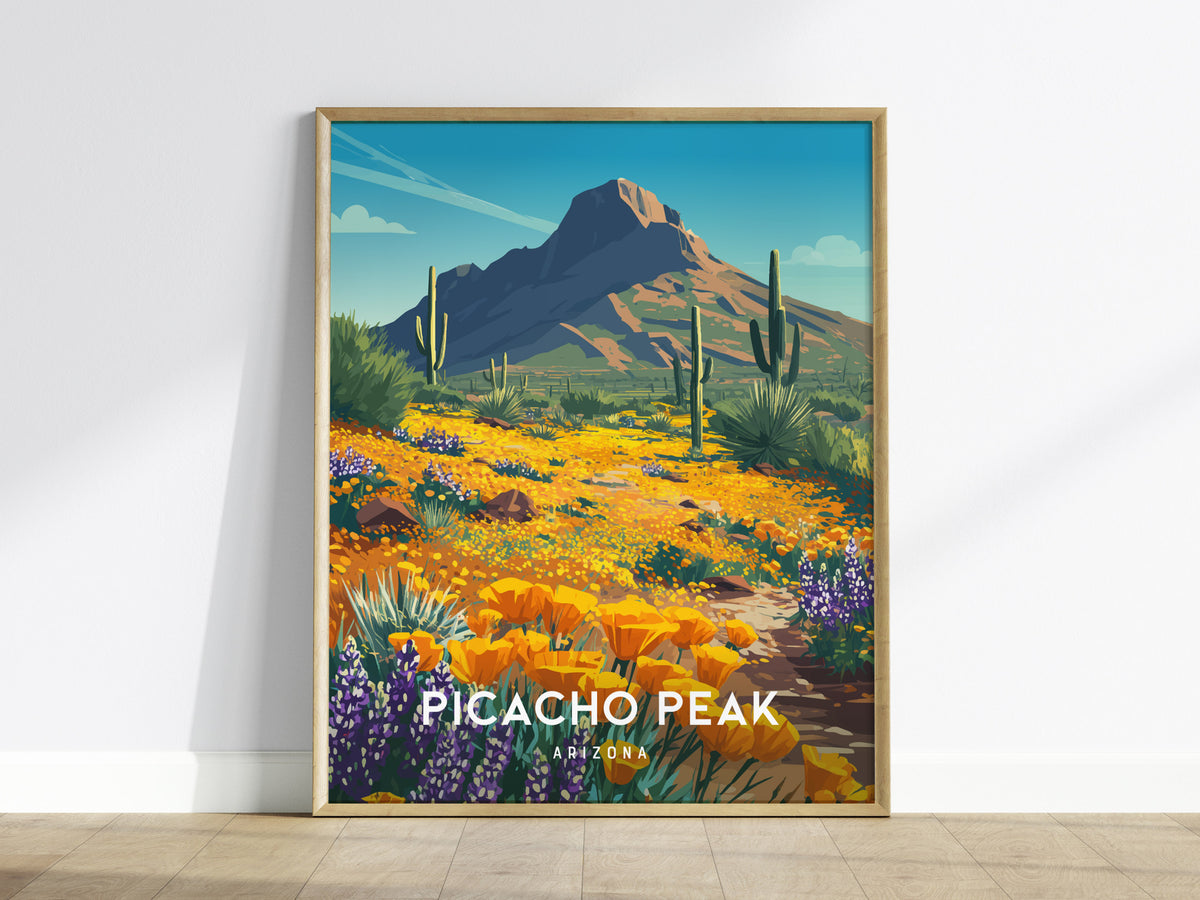 Picacho Peak, Arizona Poster | Desert Wildflower Destination Print Wall Art — framed wall art