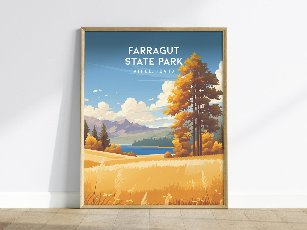 Farragut State Park, Athol, Idaho Poster | Lakeside Mountain Wilderness Destination Print Wall Art — framed wall art