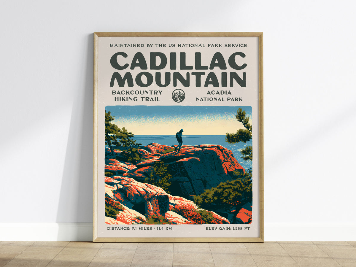Cadillac Mountain, Acadia National Park Poster | Hiker Gift | Backcountry Trail Block Print Wall Art — framed wall art