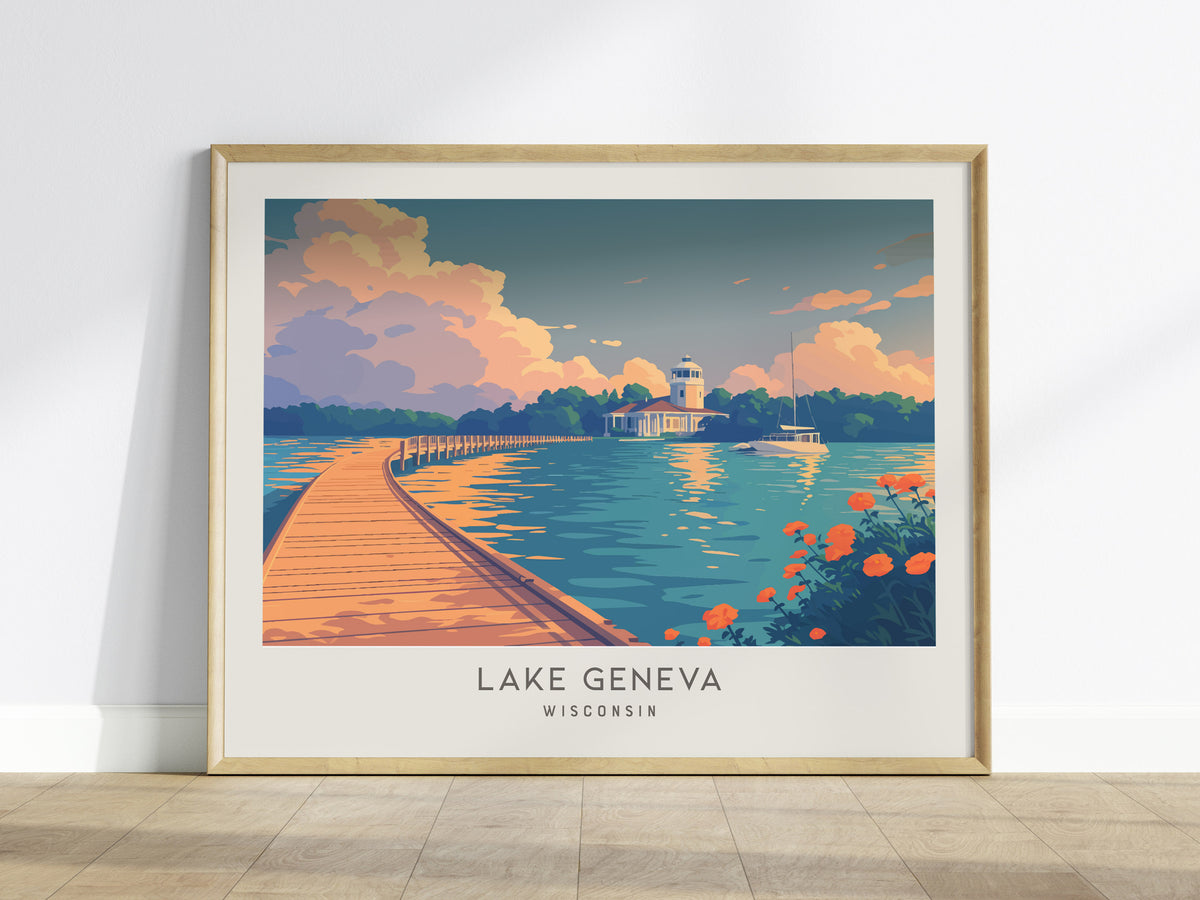 Lake Geneva Landscape Matte Border Poster | Wisconsin Vacation Wall Art — framed wall art