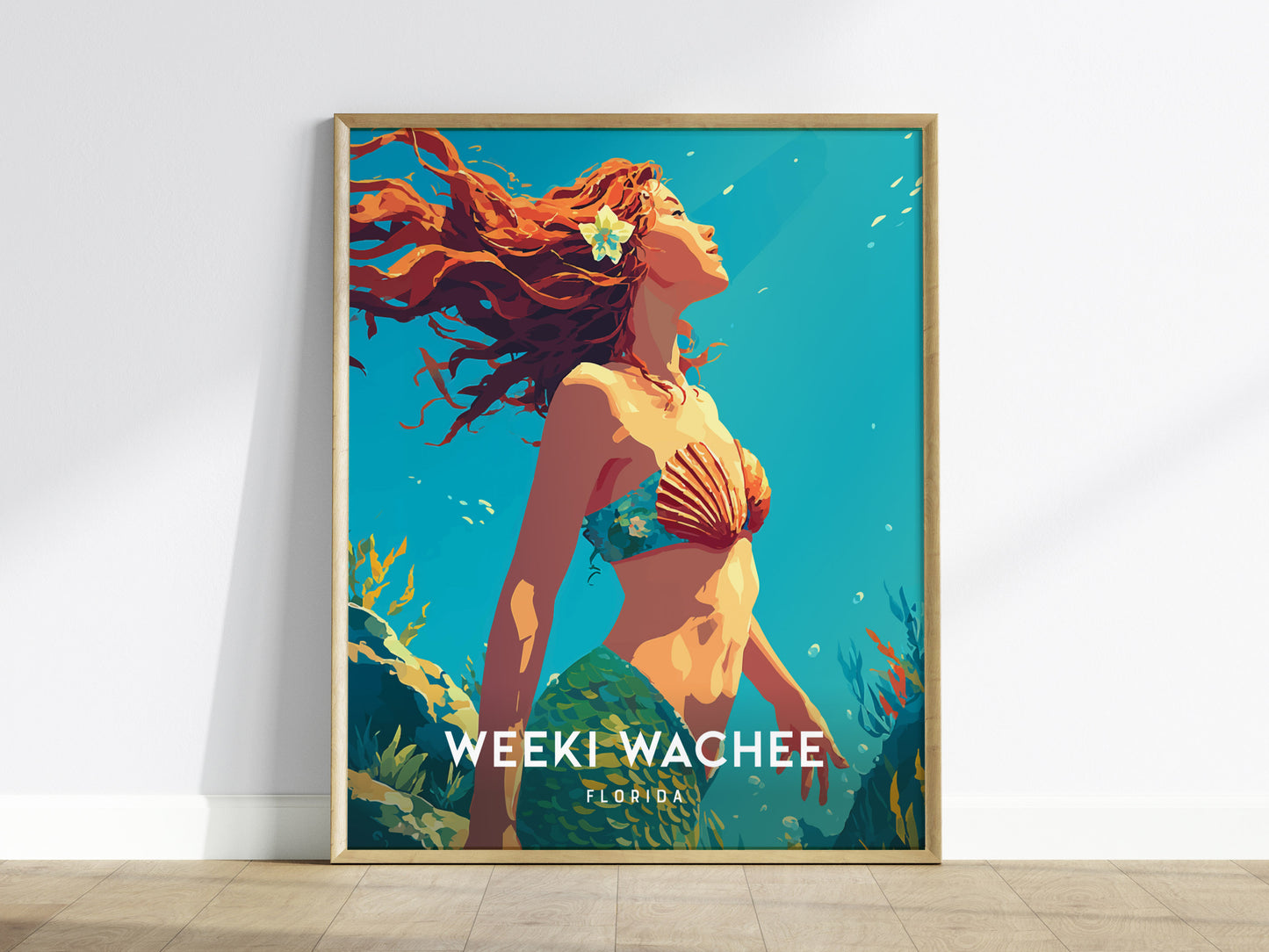 A vibrant poster featuring a mermaid with flowing red hair, adorned with a shell top and a flower, swimming gracefully among colorful underwater plants.
