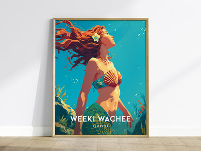 A vibrant poster featuring a mermaid with flowing red hair, adorned with a shell top and a flower, swimming gracefully among colorful underwater plants.