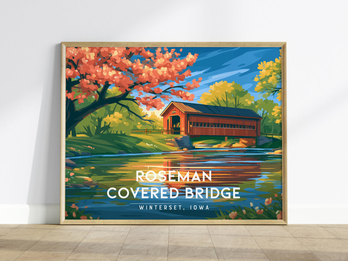 Roseman Covered Bridge Landscape Poster | Winterset, Iowa Travel Gift Wall Art — framed wall art