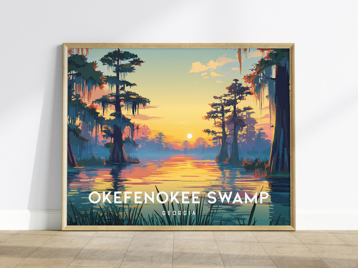 Okefenokee Swamp, Georgia Landscape Poster | Travel Gift Swampland Wildlife Wall Art — framed wall art