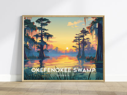 Okefenokee Swamp, Georgia Landscape Poster | Travel Gift Swampland Wildlife Wall Art — framed wall art