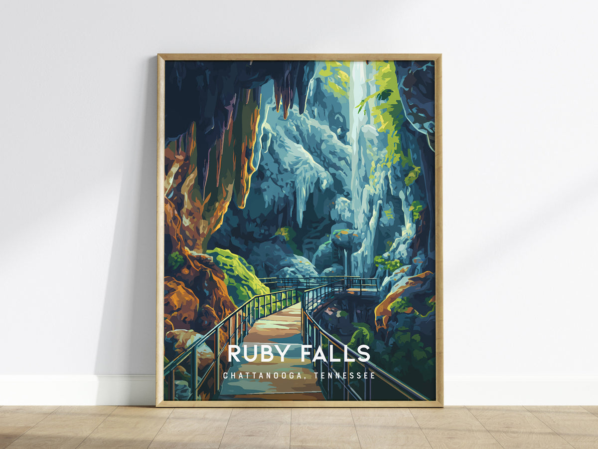 Ruby Falls, Chattanooga, Tennessee Poster | Underground Waterfall Travel Wall Art — framed wall art
