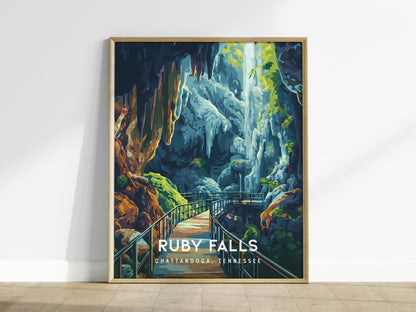 Ruby Falls, Chattanooga, Tennessee Poster | Underground Waterfall Travel Wall Art — framed wall art