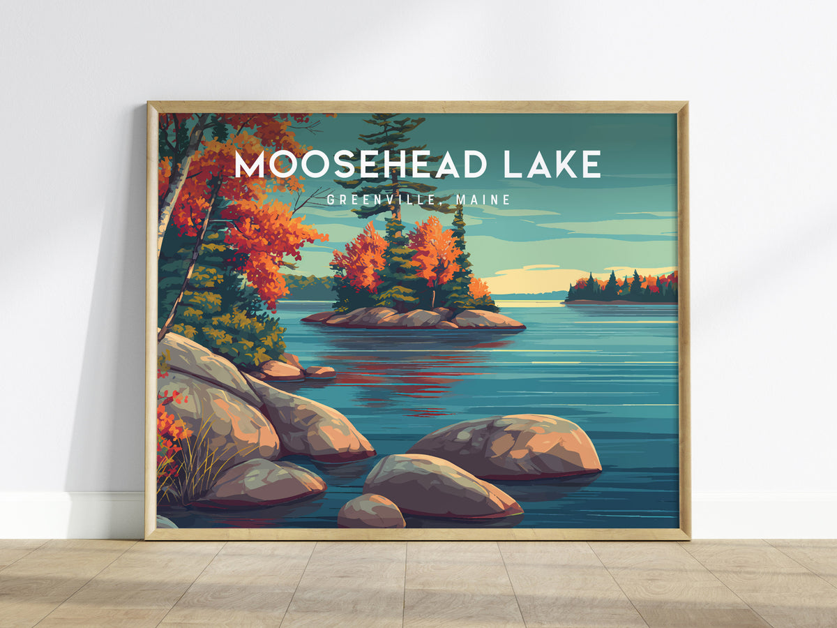 Moosehead Lake Landscape Poster | Greenville, Maine Travel Gift Lakeside Wall Art — framed wall art
