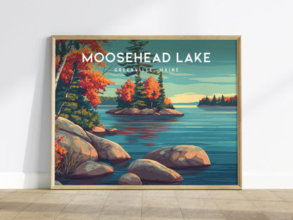 Moosehead Lake Landscape Poster | Greenville, Maine Travel Gift Lakeside Wall Art — framed wall art
