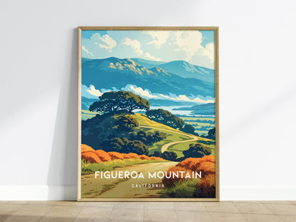 A framed poster of Figueroa Mountain in California showcases a vibrant landscape with rolling hills, lush greenery, and a backdrop of distant mountains under a bright blue sky.