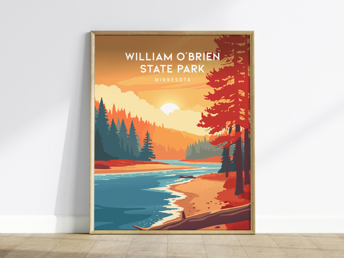 William O'Brien State Park, Minnesota Poster | Riverside Forest Wilderness Destination Print Wall Art — framed wall art