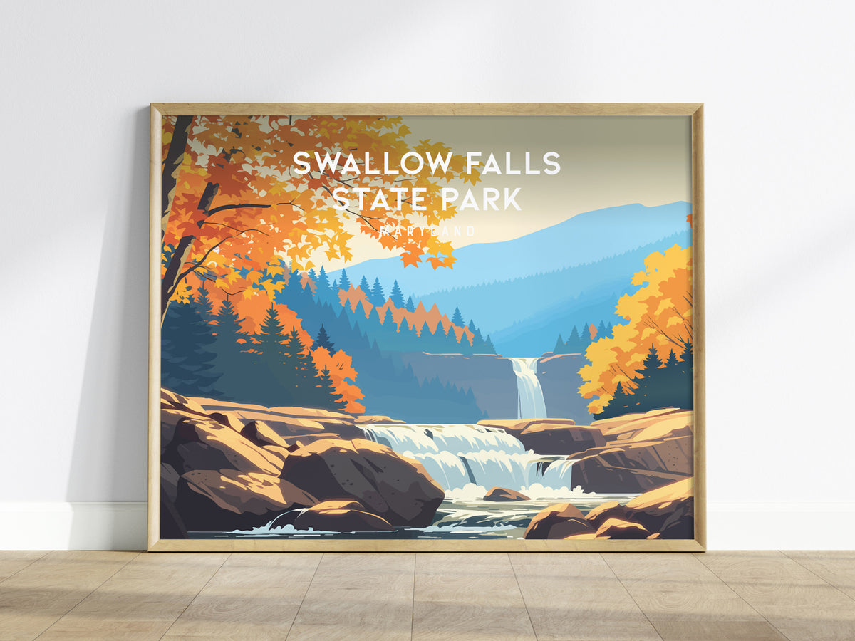 Swallow Falls State Park, Maryland Landscape Poster | Woodland Waterfall Vacation Wall Art — framed wall art