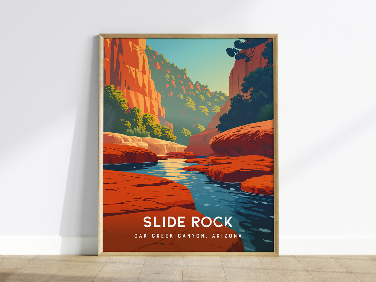 Slide Rock, Oak Creek Canyon, Arizona Poster | Red Rock Swimming Hole Travel Wall Art — framed wall art
