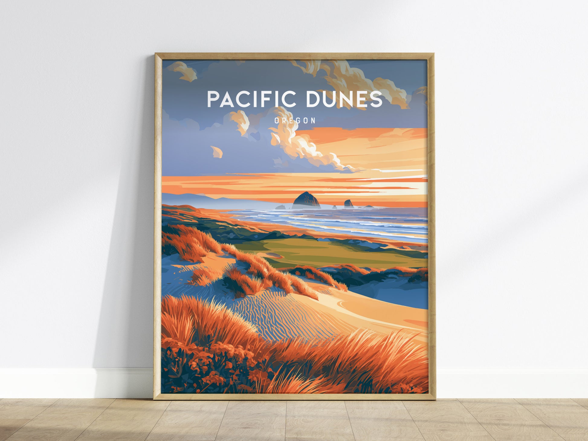 Pacific Dunes, Oregon Poster | Windswept Coast Destination Print Wall Art — framed wall art