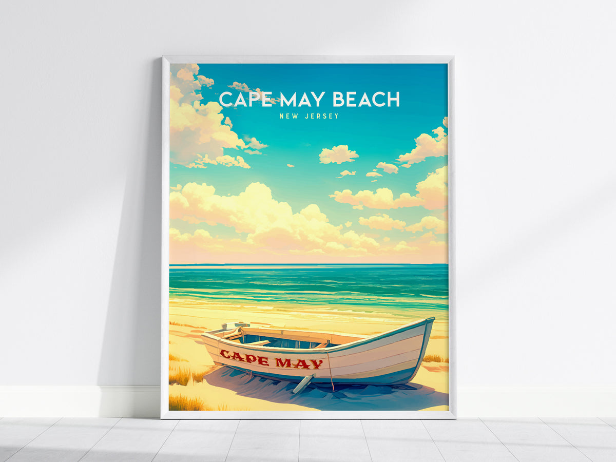 Cape May Beach, New Jersey Poster | Victorian Shore & Sunset Coastal Beach Decor — framed wall art