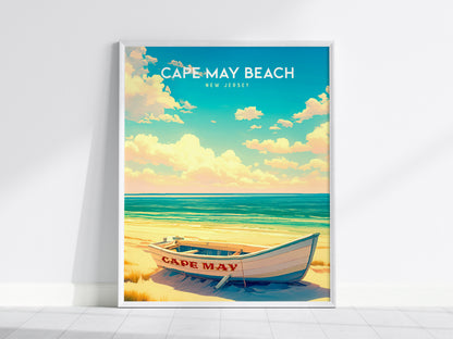 Cape May Beach, New Jersey Poster | Victorian Shore & Sunset Coastal Beach Decor — framed wall art