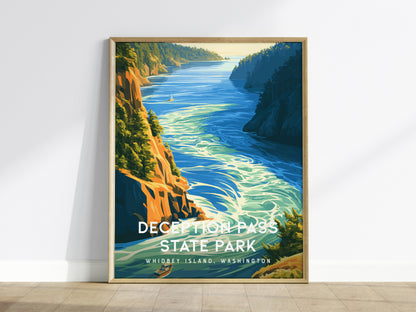 Deception Pass State Park, Whidbey Island, Washington Poster | Dramatic Bridge & Emerald Waters Wall Art — framed wall art