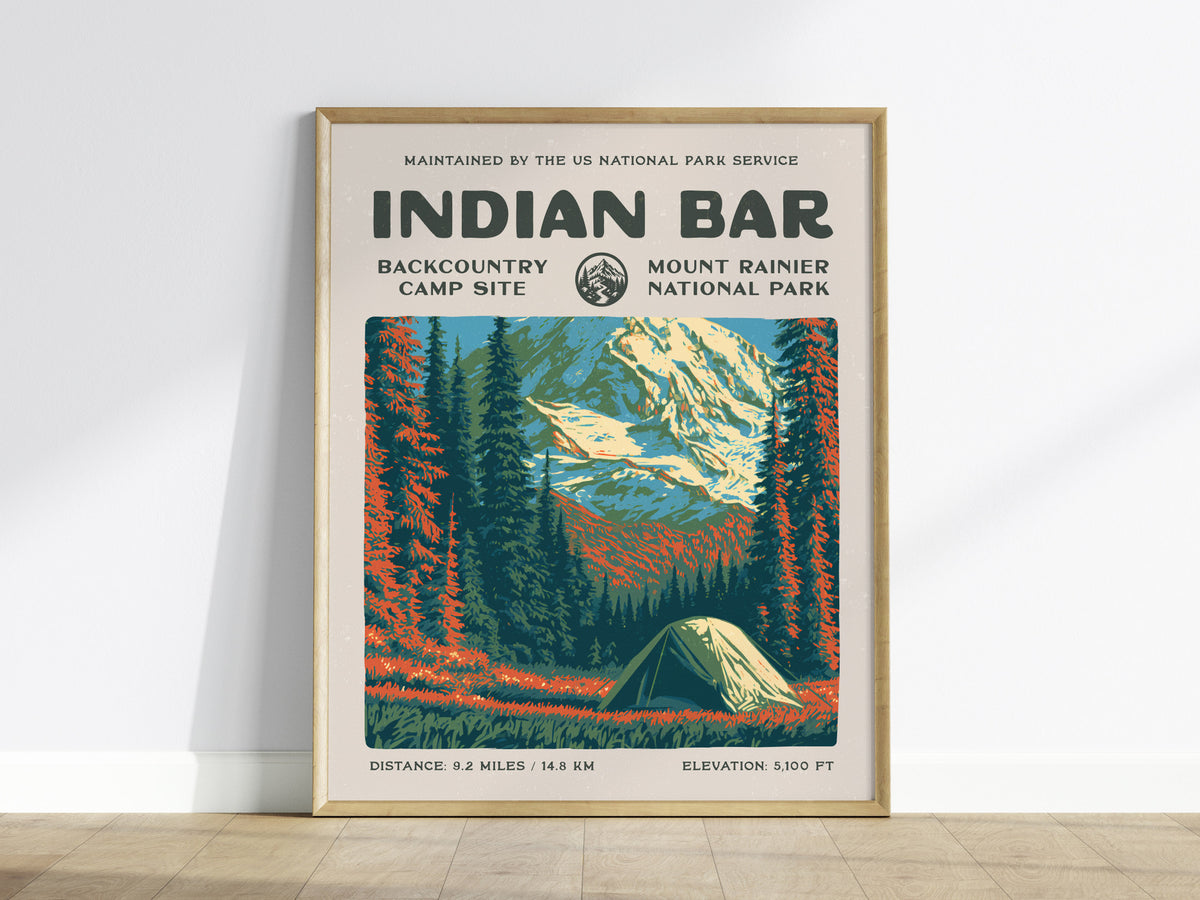 Indian Bar, Mount Rainier National Park Poster | Hiker Gift | Backcountry Trail Wall Art — framed wall art