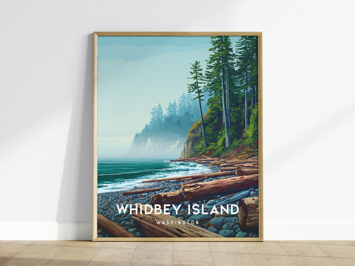 Whidbey Island, Washington Poster | Evergreen Shores & Sailboat Wall Art — framed wall art