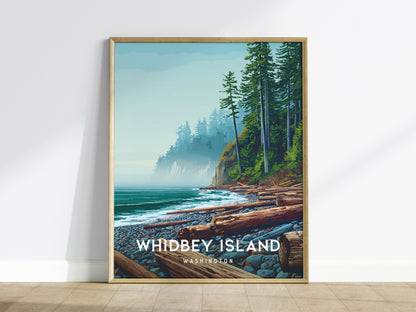 Whidbey Island, Washington Poster | Evergreen Shores & Sailboat Wall Art — framed wall art