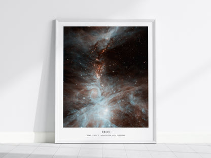 Framed poster of the Orion Nebula on a white wall