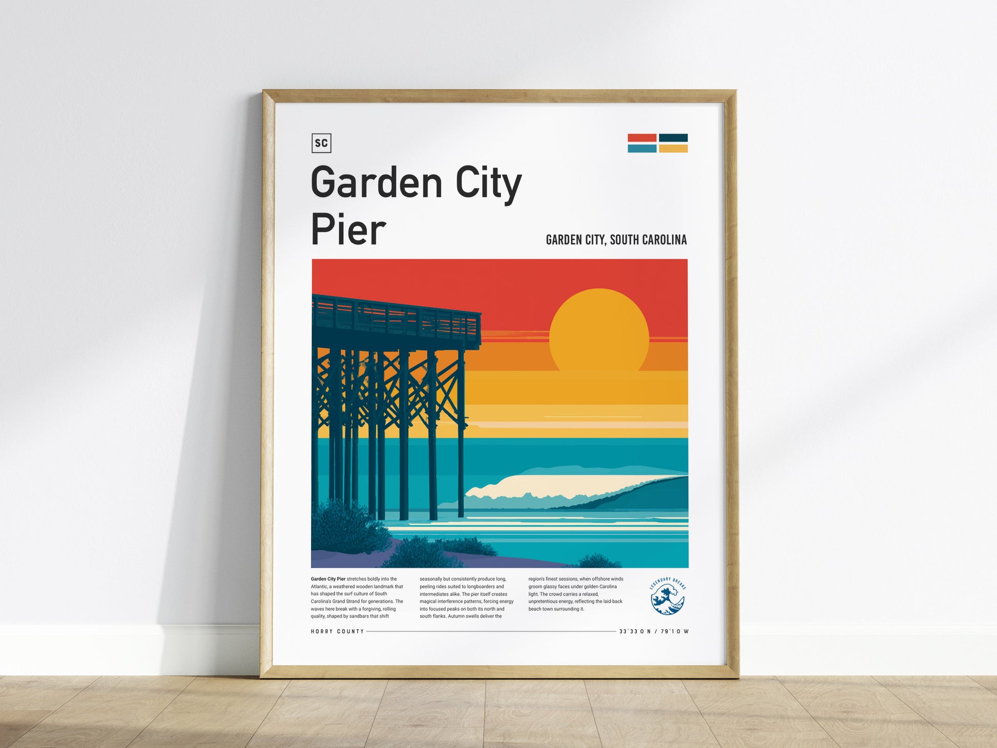 Garden City Pier, Garden City, South Carolina Poster | Surf Waves & Coastal Pier Wall Art — framed wall art