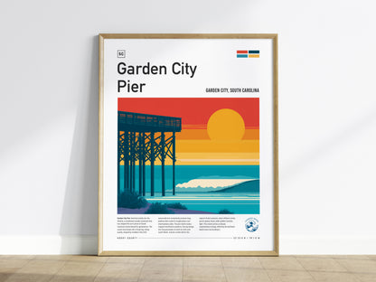 Garden City Pier, Garden City, South Carolina Poster | Surf Waves & Coastal Pier Wall Art — framed wall art