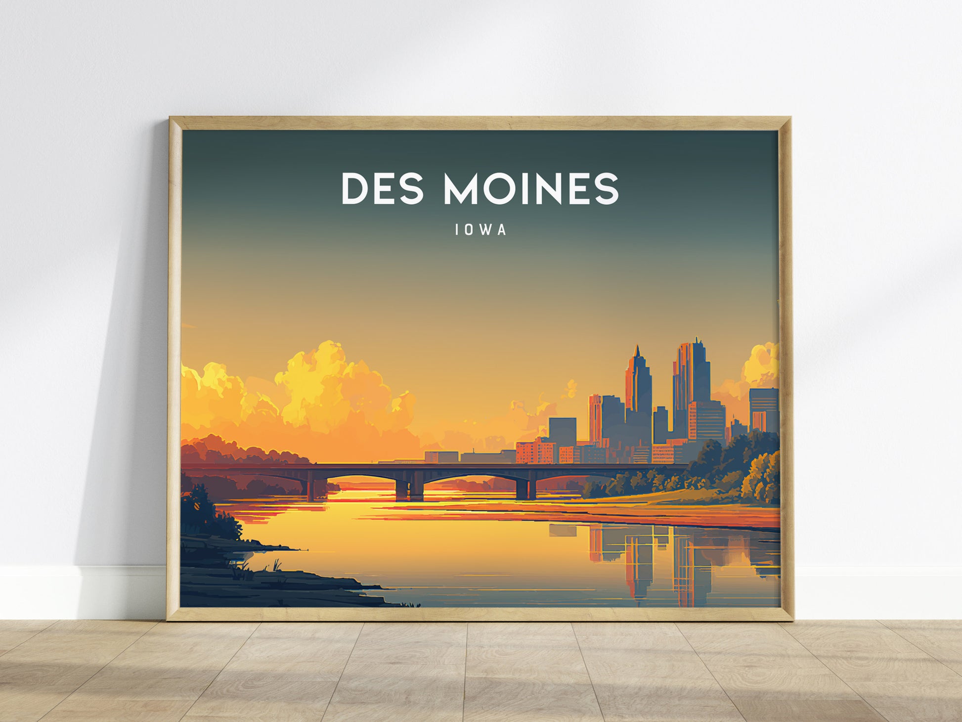 Des Moines, Iowa Landscape Poster | Heartland Skyline Travel Wall Art — framed wall art